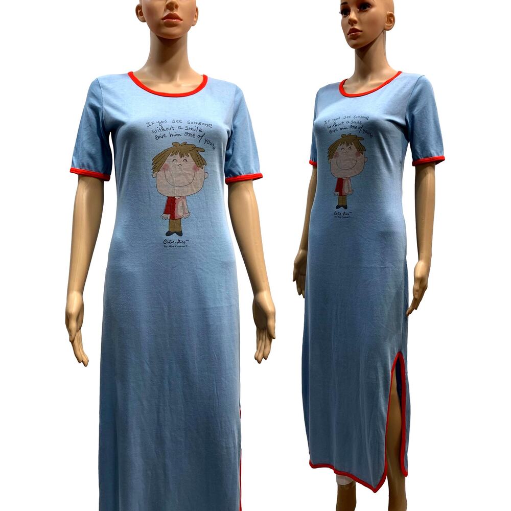 70s Long Blue T Shirt Nightgown Nightie w Cute Cartoon | XS/S - Picture 6 of 11